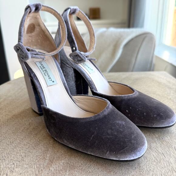 Diane Bennet Shoes - Diane Bennet Velvet Block Heel Ankle Strap Pumps Taupe 3.5" Made in Italy 38
